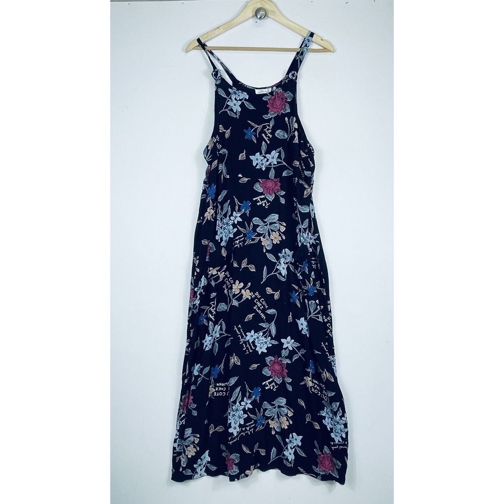 Sareet Floral Maxi Dress Womens Large Navy Blue‎ Script Vintage Dark Whimsical